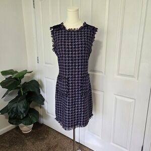 JADE MelodyTam Blue Tweed Fringe Shift Dress Multicolored Houndstooth RN 94351
